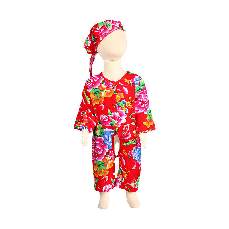 东北大花婴儿爬服人造棉连体衣儿童睡衣夏装中国风宝宝哈衣演出服