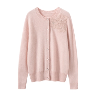 绽放花朵~巨好看新款珍珠山羊绒开衫女圆领宽松针织毛衣外套上衣