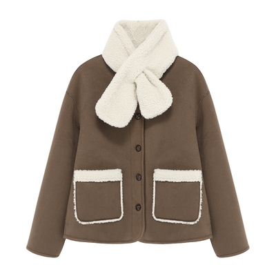 Basic House/百家好2025冬新款韩版灯芯绒外套短款拼接毛毛上衣女