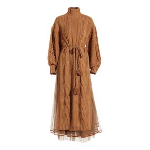 EAM STUDIO秋冬款设计感长款毛衣针织裙子女半高领侧边开叉连衣裙