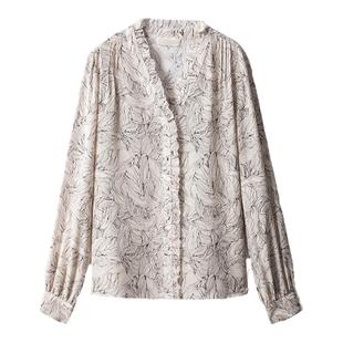 100真丝双绉木耳边V领衬衫女桑蚕丝碎花衬衣设计感小众长袖上衣春