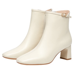 蹀愫2025秋冬新款加绒方头粗跟短靴时装靴真皮高跟靴子TA65706-16