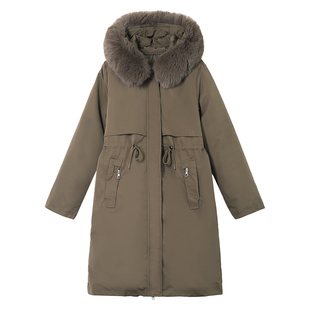 啄木鸟长款派克服女士冬季新款棉服可拆卸内胆羽绒棉衣大毛领外套