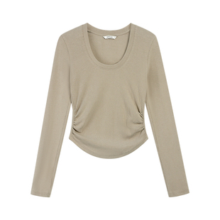 NEVA HU黑色U领长袖针织打底衫女2025秋季修身显瘦百搭短款上衣