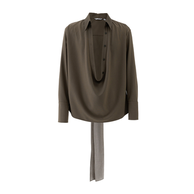 BALIANG「捌樑」漻 'deep' 深U兜领丝质飘带细纹醋酸混纺衬衫外套