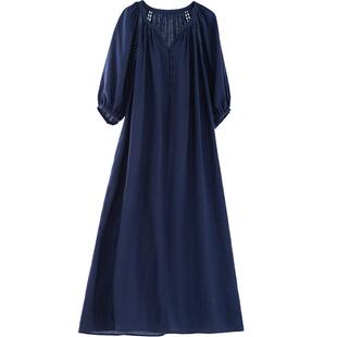 连衣裙短袖长裙子女装V领2026初夏穿搭连身裙宽松松弛风气质藏蓝