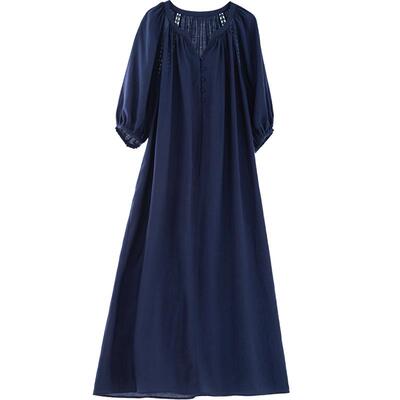 CR藏蓝色镂空拼接短袖宽松连衣裙