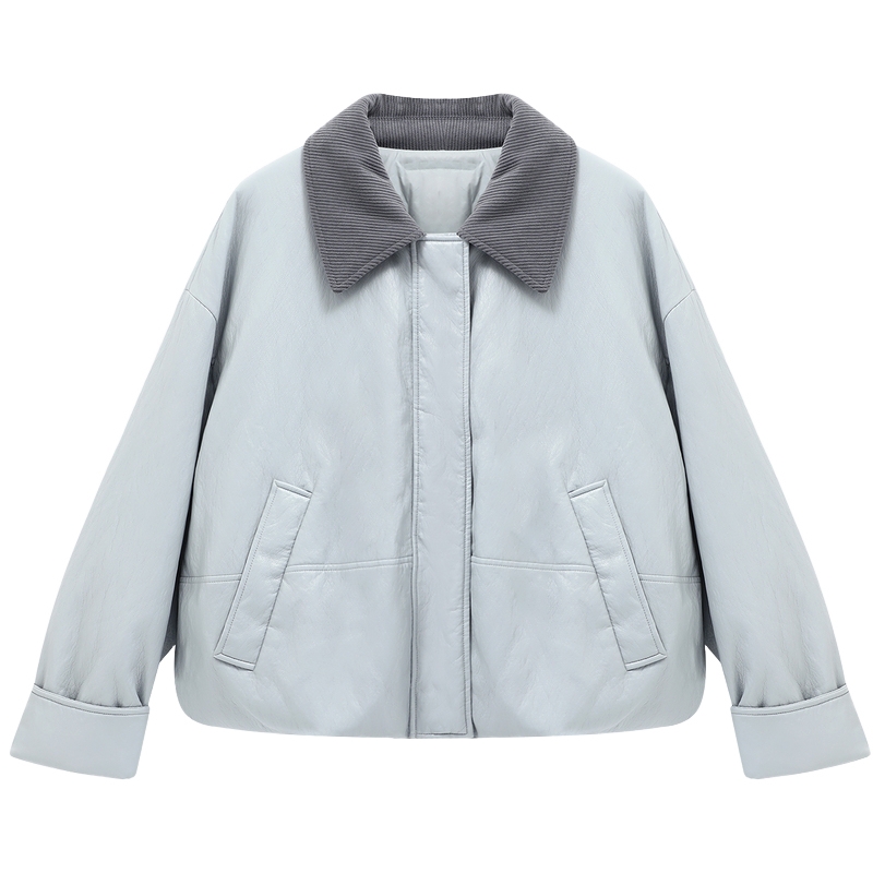 Basic House/百家好“皮鹅绒”羽绒服女小个子撞色翻领保暖短外套