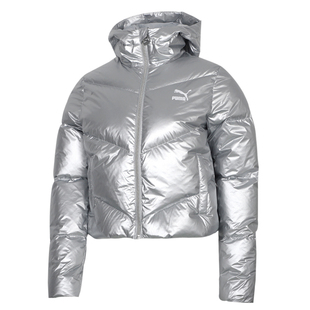 PUMA彪马连帽羽绒服女新款亮面运动服银色短款保暖夹克外套599144