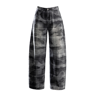 美式高街格纹印花牛仔裤女2026新款黑色裤子春秋复古格子裤弯刀裤