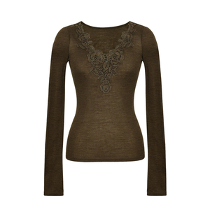 miorastudio法式蕾丝花边拼接上衣内搭冬苔绿V领修身打底衫T恤女