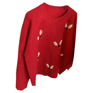 韩系慵懒风手工绣花圆领毛衣女2025冬季新款软糯温柔亲肤保暖上衣