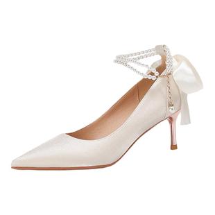 绸缎面仙女白色婚鞋主婚纱浅口尖头高跟鞋拍婚纱照新娘婚宴旗袍鞋