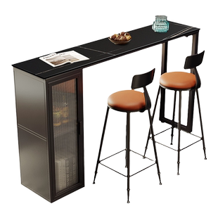 意式岩板家用吧台桌靠墙隔断储物酒柜长条桌轻奢铁艺高脚桌椅组合