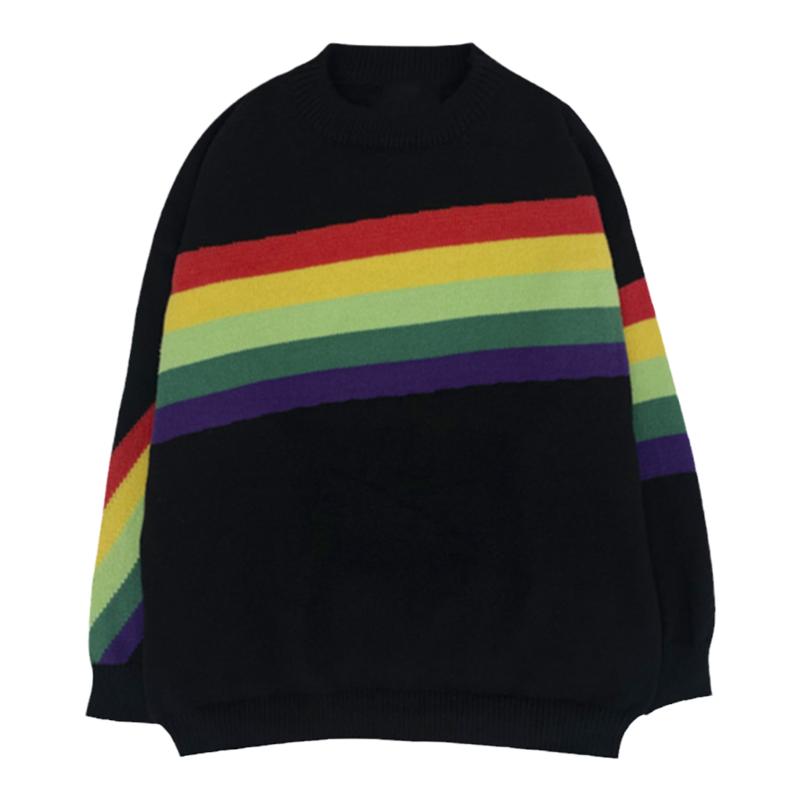 个性撞色彩虹条纹圆领毛衣男女宽松圆领bf长袖针织衫保暖情侣线衣