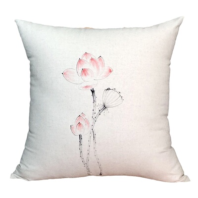 手绘新中式禅意棉麻40x40靠垫