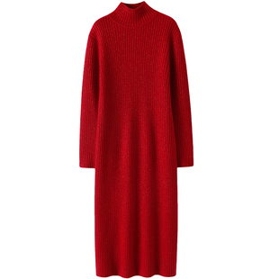 启超追求质感！加厚金线红色高领羊绒连衣裙女羊绒衫长款毛衣秋冬