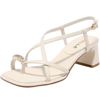 百丽纤细交叉带一字带凉鞋女夏新款商场同款真皮粗跟凉鞋3CP30BL4