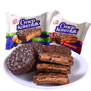 俄罗斯三明治饼干KONTI康吉花生榛子味巧克力进口零食