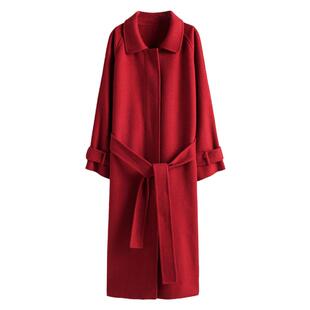 亏本清仓高端羊毛大衣双面零羊绒女秋冬红色赫本风外套中长款结婚