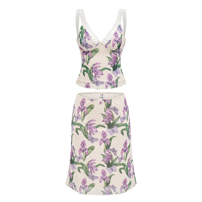 Go Girl Go 自制欧美风v领印花吊带+包臀半身裙纯欲套装女两件套