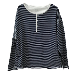 26春季新款日系复古条纹亨利领纯棉藏青简约长袖T恤女宽松显瘦潮