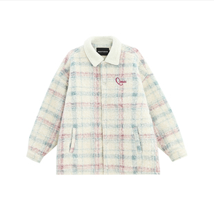 INSstudios 国潮牌情侣美式仿羊羔毛领毛呢格纹棉服宽松夹棉外套