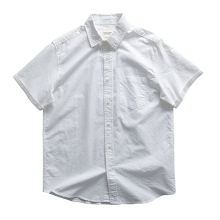 高级质感！日本公司单夏季纯棉牛津纺复古工装口袋短袖白衬衫潮男