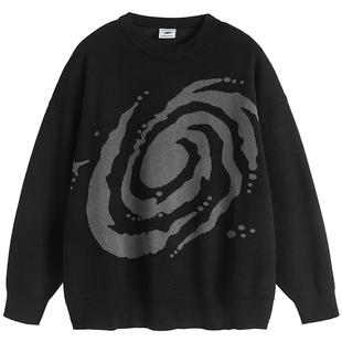 NARTALIY宇宙星系黑色毛衣男女秋冬美式复古潮宽松慵懒情侣针织衫