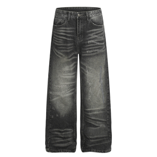 VENXGEN 美式高街割破补丁猫须牛仔裤男直筒堆积感宽松vibe长裤子