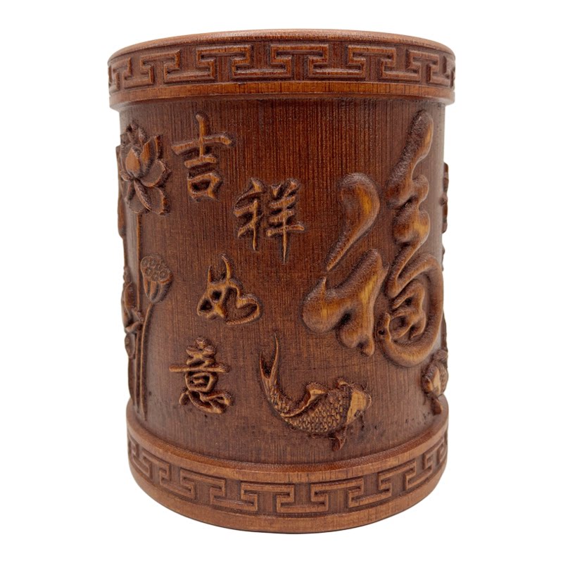 竹雕浮雕手工古风圆形笔筒