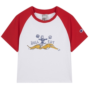 Champion冠军插肩袖圆领T恤女2025夏季新款红色印花夏季短款显瘦