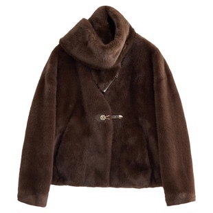 SeRinaBlue商场同款2025冬季新款法式轻奢圆领短款毛绒外套女上衣