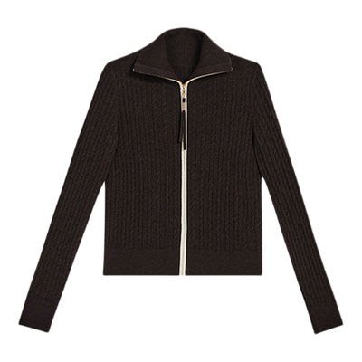 YINER音儿2025冬季新款法式原绒色系羊绒羊毛混纺拉链翻领针织衫