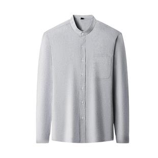 纯棉立领长袖衬衫男薄款纯白色高级感有口袋衬衣商务休闲宽松上衣