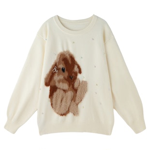 FTT FlyTheTruth『瑞比特』 白色兔子毛衣女秋冬宽松可爱套头上衣