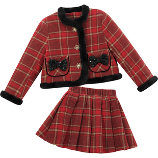女童学院风套装冬装新款儿童红色格子外套百褶裙女孩毛呢套裙