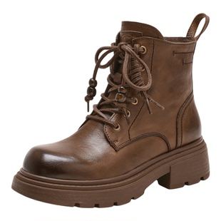 千百度厚底棕色马丁靴女款系带松糕新款单靴百搭中筒靴英伦短靴女