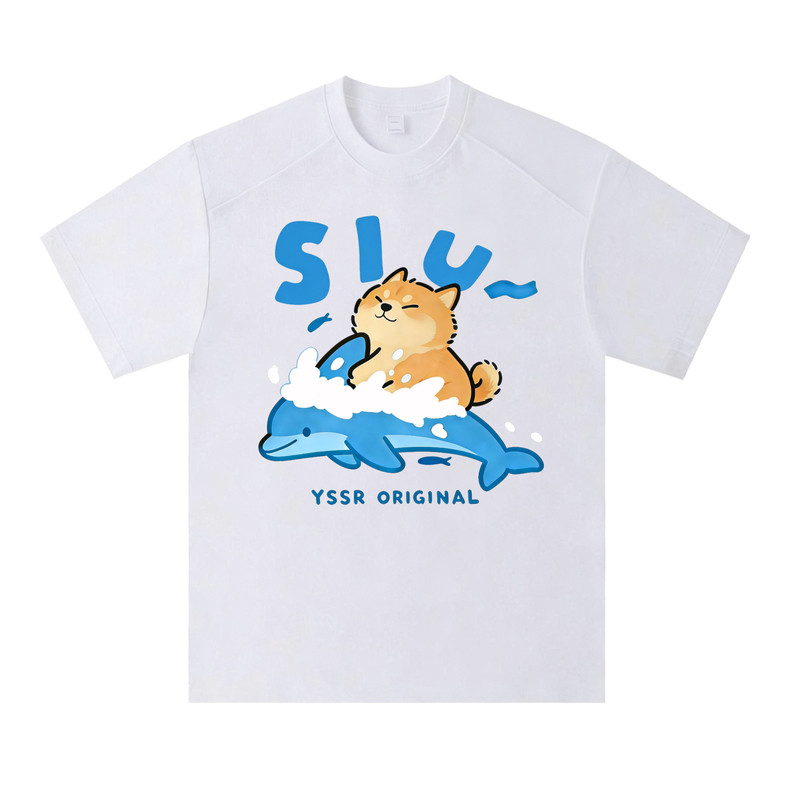 柴犬海豚 卡通印花T恤男宽松潮流青少年短袖夏季凉感速干半袖上衣