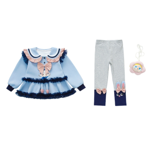 女童卡通花边领蝴蝶结套装2026年新款春秋洋气卫衣裙打底裤两件套