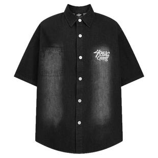 [罗一舟同款]404MOB水泥灰美式街头洗水牛仔外套复古短袖衬衫男女