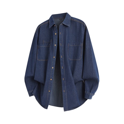 拉夏贝尔日系牛仔长袖衬衫男女秋冬2025多口袋设计感衬衣外套情侣