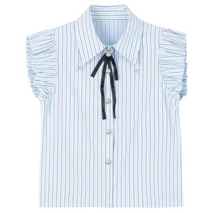 KEIKO 学院风蓝色条纹小飞袖衬衫26春夏甜美小个子上衣短裙两件套