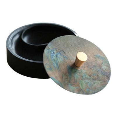 问心堂千里江山太极火锅砚带盖墨盒罗纹砚石可磨墨研磨墨锭初学者文房四宝多功能便携分区砚台天然水波纹砚台