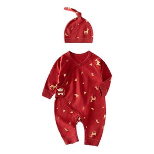 婧麒婴儿连体衣新款纯棉满月百天宝宝拜年衣服红色喜庆新生儿哈衣
