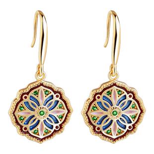 新中式国风耳环女复古轻奢高级金色莫奈耳坠气质耳勾油画花朵耳饰