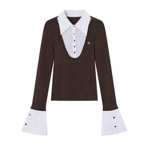 ACMEAURA衬衫领拼接假两件长袖T恤女秋冬季节新款设计感黑色上衣