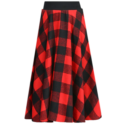 中长裙a子欧美大摆格子毛呢裙子