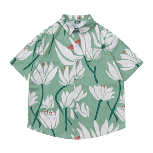 TRAVEL ISLAND 白色荷花 日系原宿风植物花卉满印夏威夷短袖衬衫