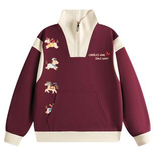 查尔斯桃心马年红色半拉链卫衣男春秋季2026新款立领套头情侣上衣